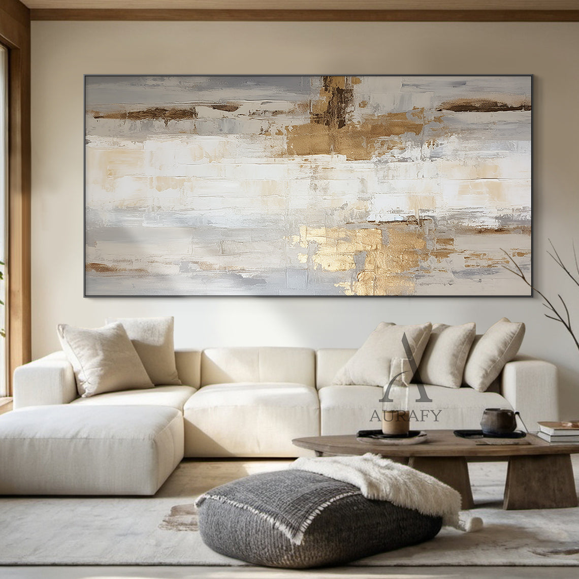 General Abstract Art White Beige Metallic Gold Impasto Texture Tactile Surface Modern Organic Canvas AURA485