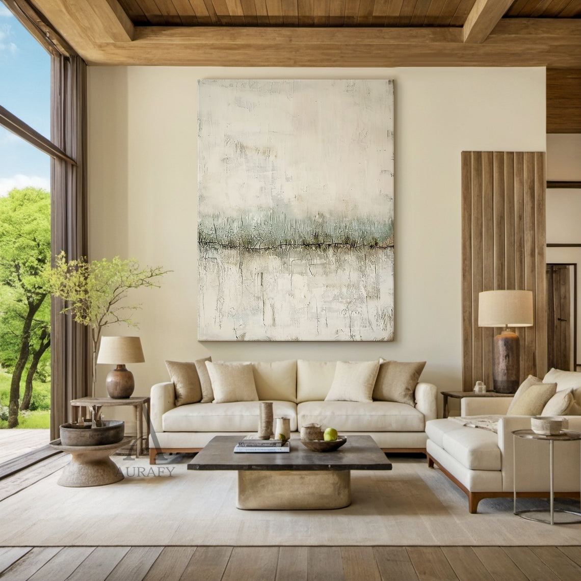 Wabi Sabi Beige & Sage Green Textured Abstract Wall Art | Japandi Minimalist Horizontal Canvas | AURA801