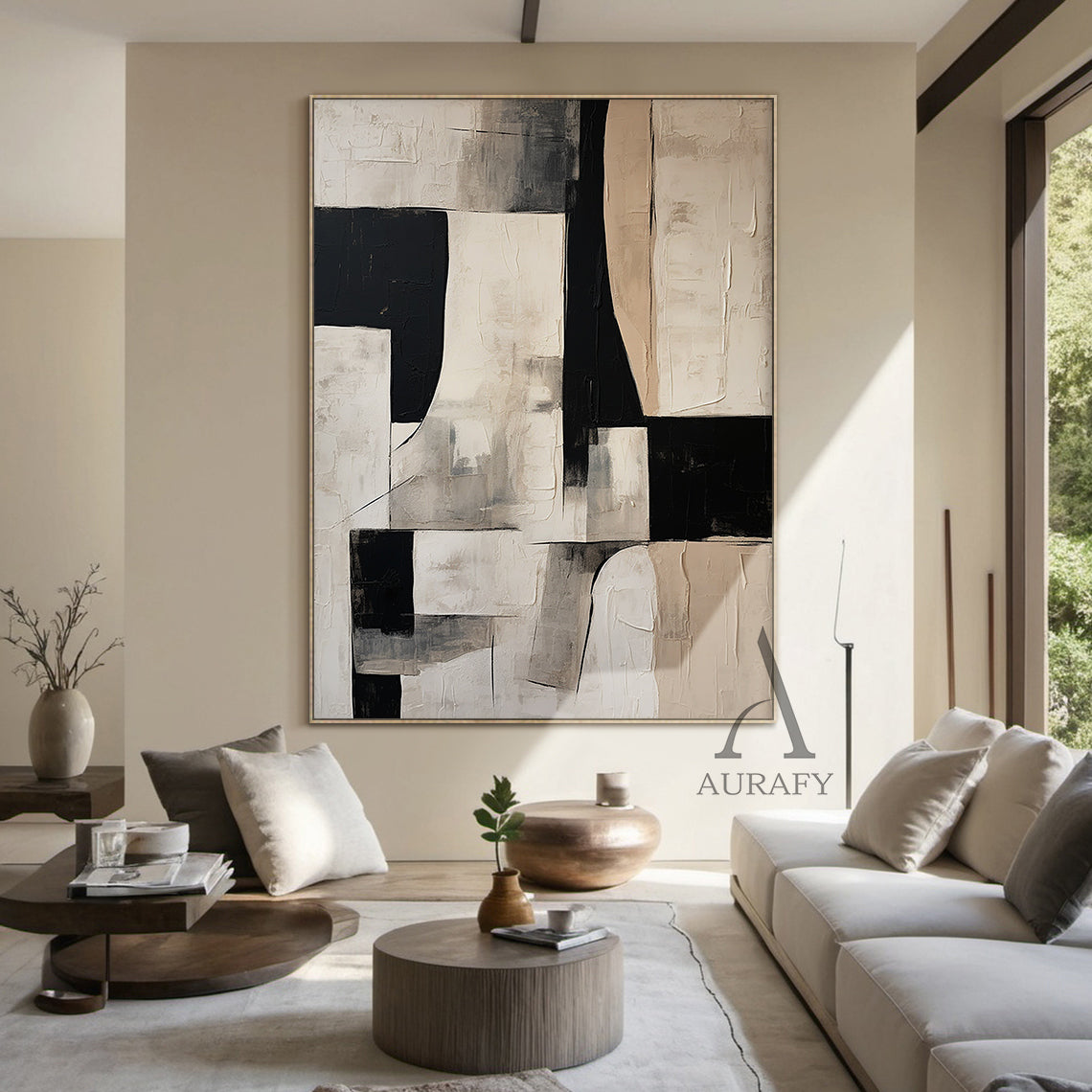 General Abstract Black Beige White Impasto Textured Tactile Surface Minimalist Luxe Artwork AURA484