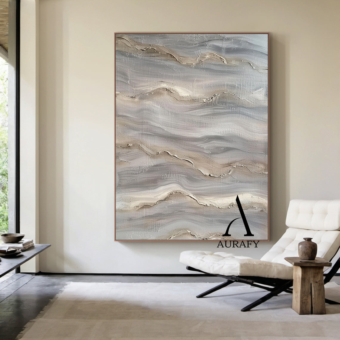 Wabi Sabi Abstract Art Impasto Textured Gray Beige Tactile Wave-Like Handcrafted Organic Canvas AURA560