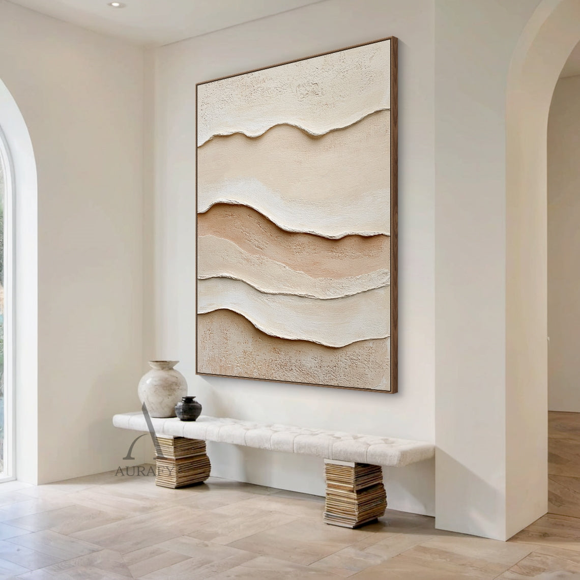 3D Textured Beige Painting Tactile Plaster Surface Sculpted Wave Modern Organic Wabi-Sabi Artwork AURA435