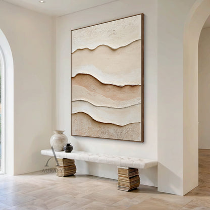3D Textured Beige Painting Tactile Plaster Surface Sculpted Wave Modern Organic Wabi-Sabi Artwork AURA435