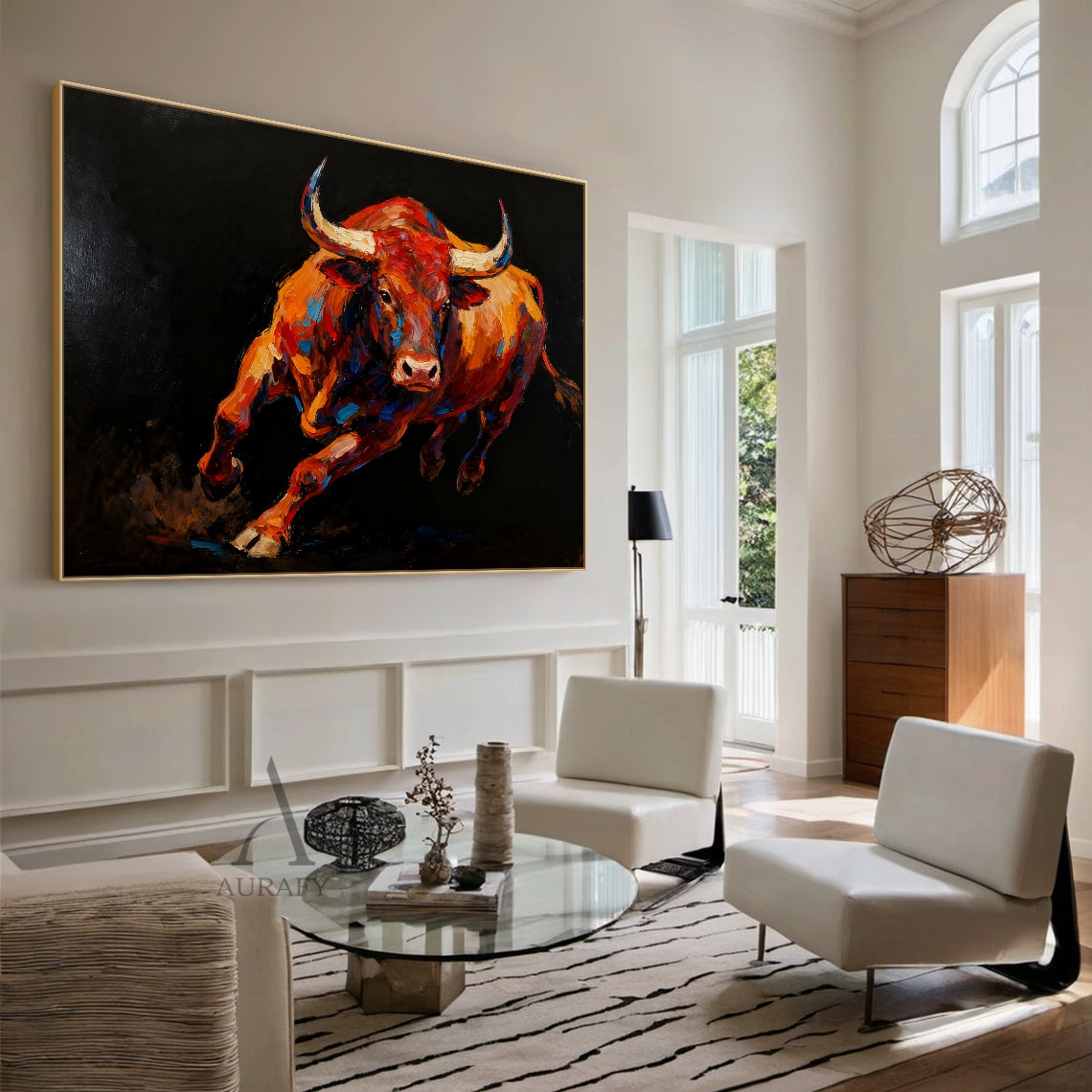 Running Bull Wall Art on Black Background - AURA659