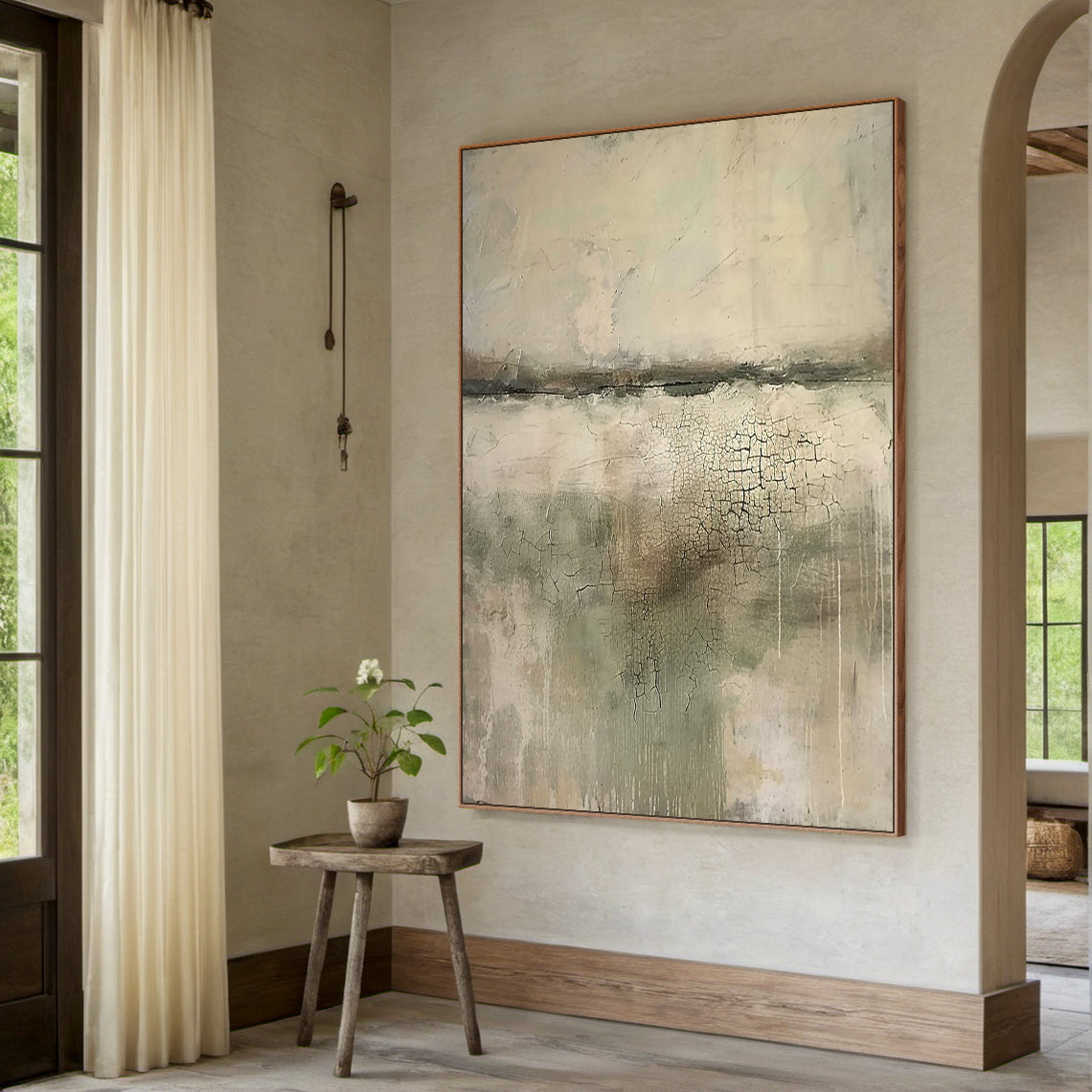 VerdaMossed Silence-Green & Beige Wabi-Sabi Art-AURA080