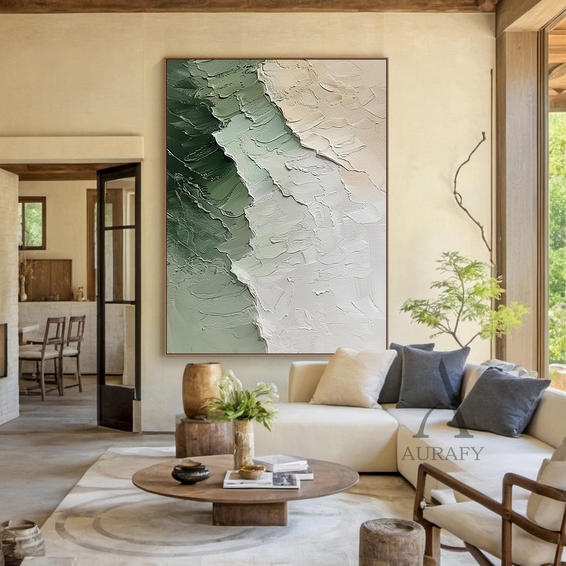 Modern 3D Textured Painting Green Beige for Living Room Decor AURA282