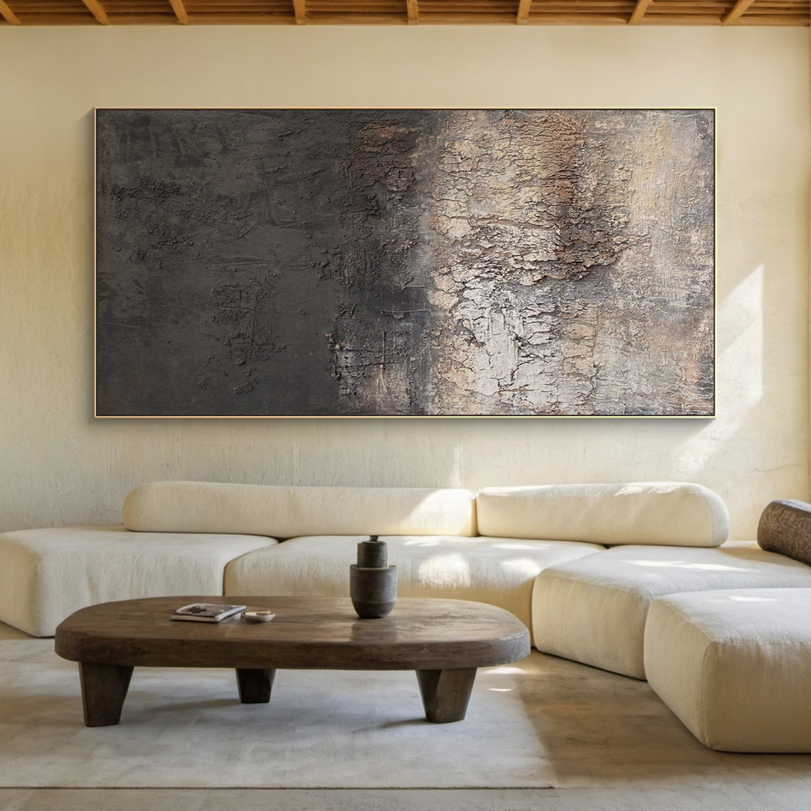 Eroded Calm a Charcoal Beige Textured Wall Art-AURA071