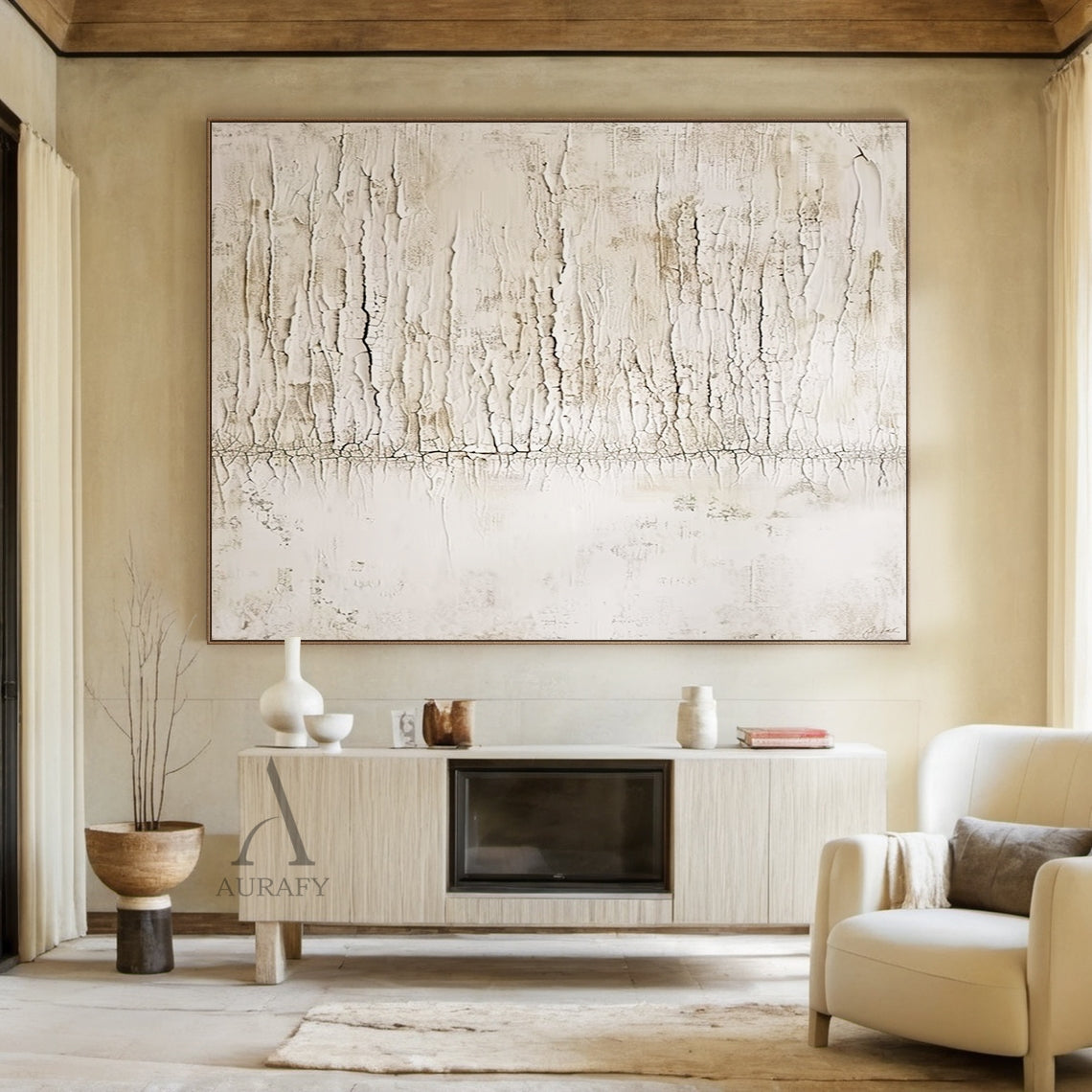 Beige Abstract Wabi-Sabi Wall Art Cracked Plaster Texture Tactile Surface Modern Organic AURA445