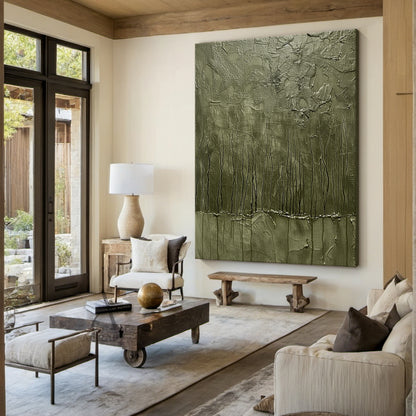 Green Abstract Art Thick Impasto Tactile Surface Vertical Drip Lines Sculpted Wall Art AURA461