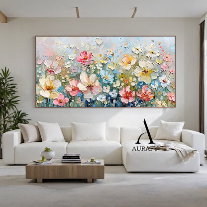 3D Textured Flower Painting Thick Impasto Blue Pink Sculpted Petals Knife Strokes Artwork AURA573
