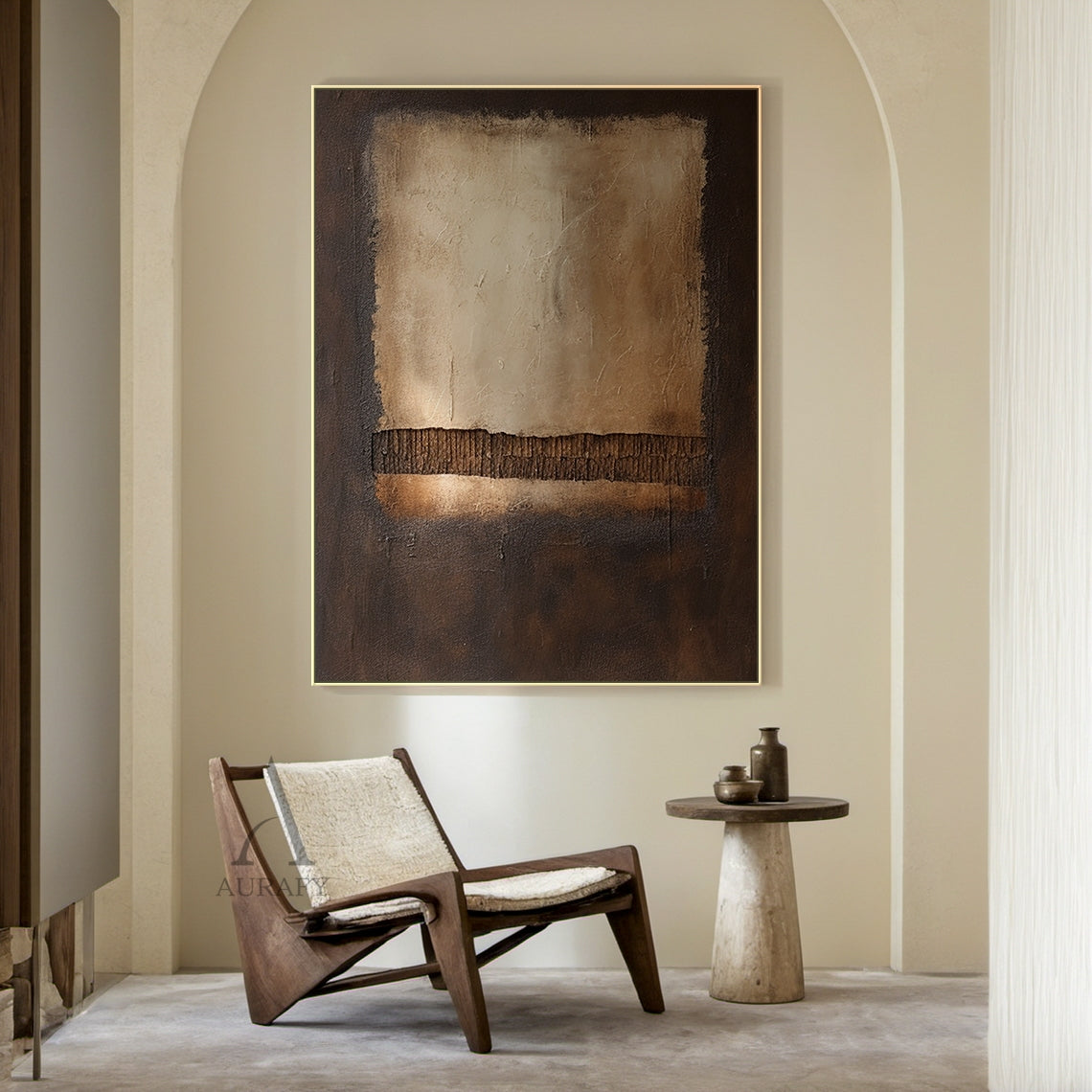 Brown Abstract Painting with a Pale Panel and Ribbed Band - AURA833
