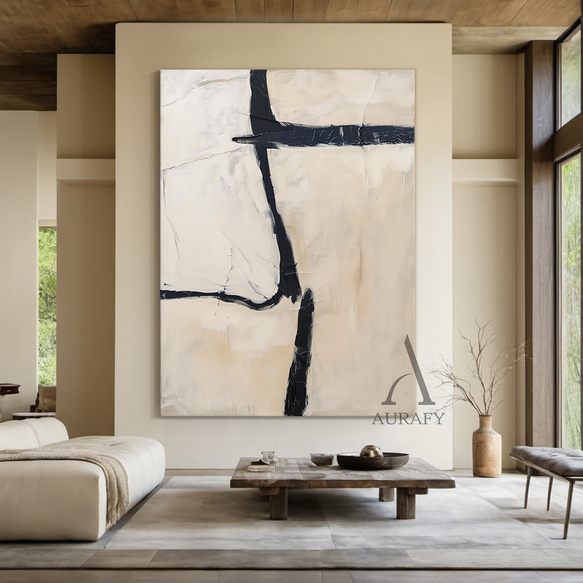 General Abstract Black Beige Tactile Canvas Art with Impasto Brush Strokes Minimalist Luxe AURA506