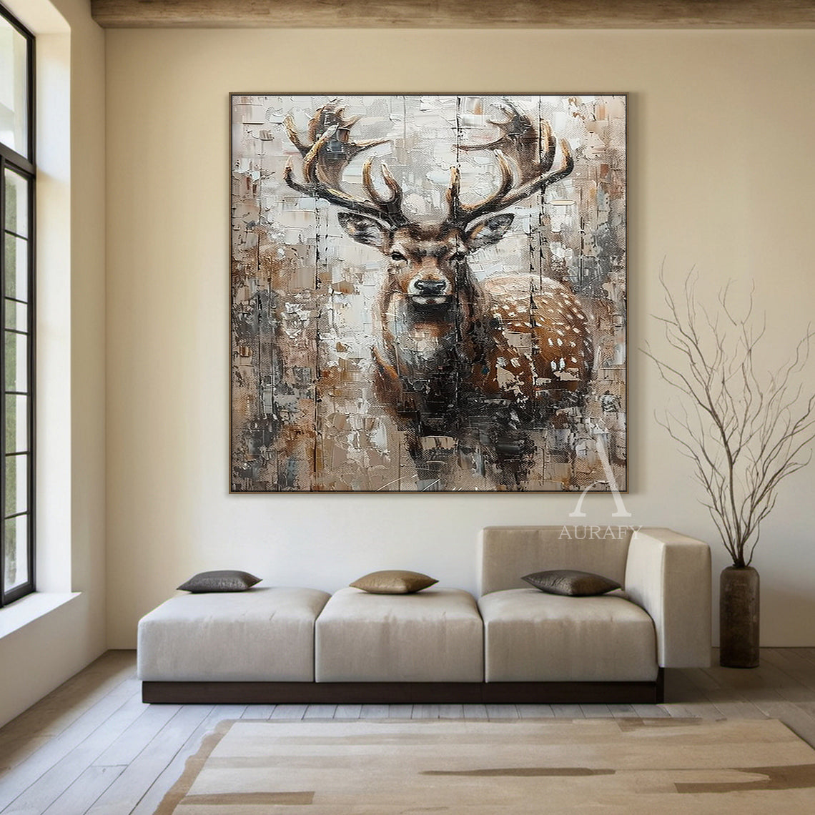 Large Textured Brown Stag Animal Oil Painting Wabi-sabi Wall Art-AURA338