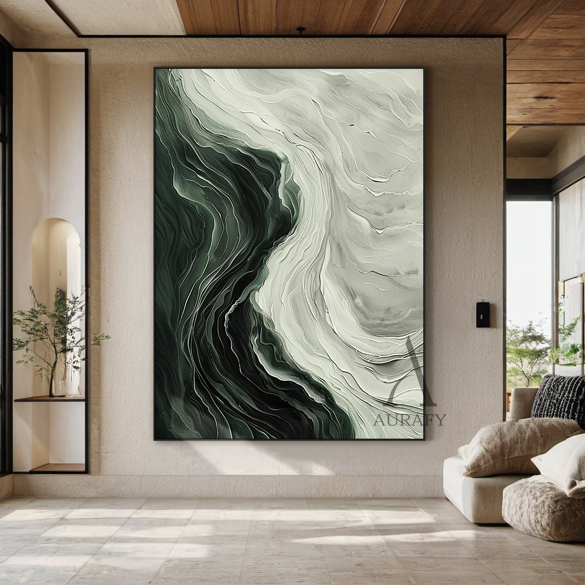Green Abstract Art Thick Impasto Knife Strokes Flowing Wave Layers Modern Organic AURA502