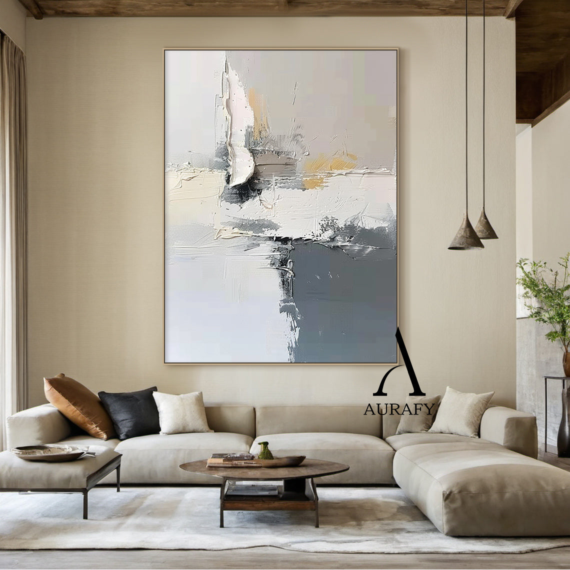 Minimalist Gray White Wall Art Wabi-Sabi Knife Stroke Plaster Textured Japandi Abstract Handcrafted Home Decor AURA543