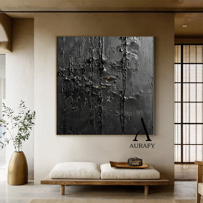 3D Textured Black Abstract Minimalist Painting Cracked Impasto Raised Ridges Tactile Artwork AURA529