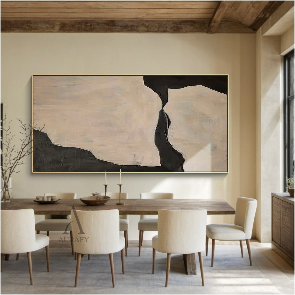 Beige Organic Abstract Painting with Flowing Black Negative Space - AURA838