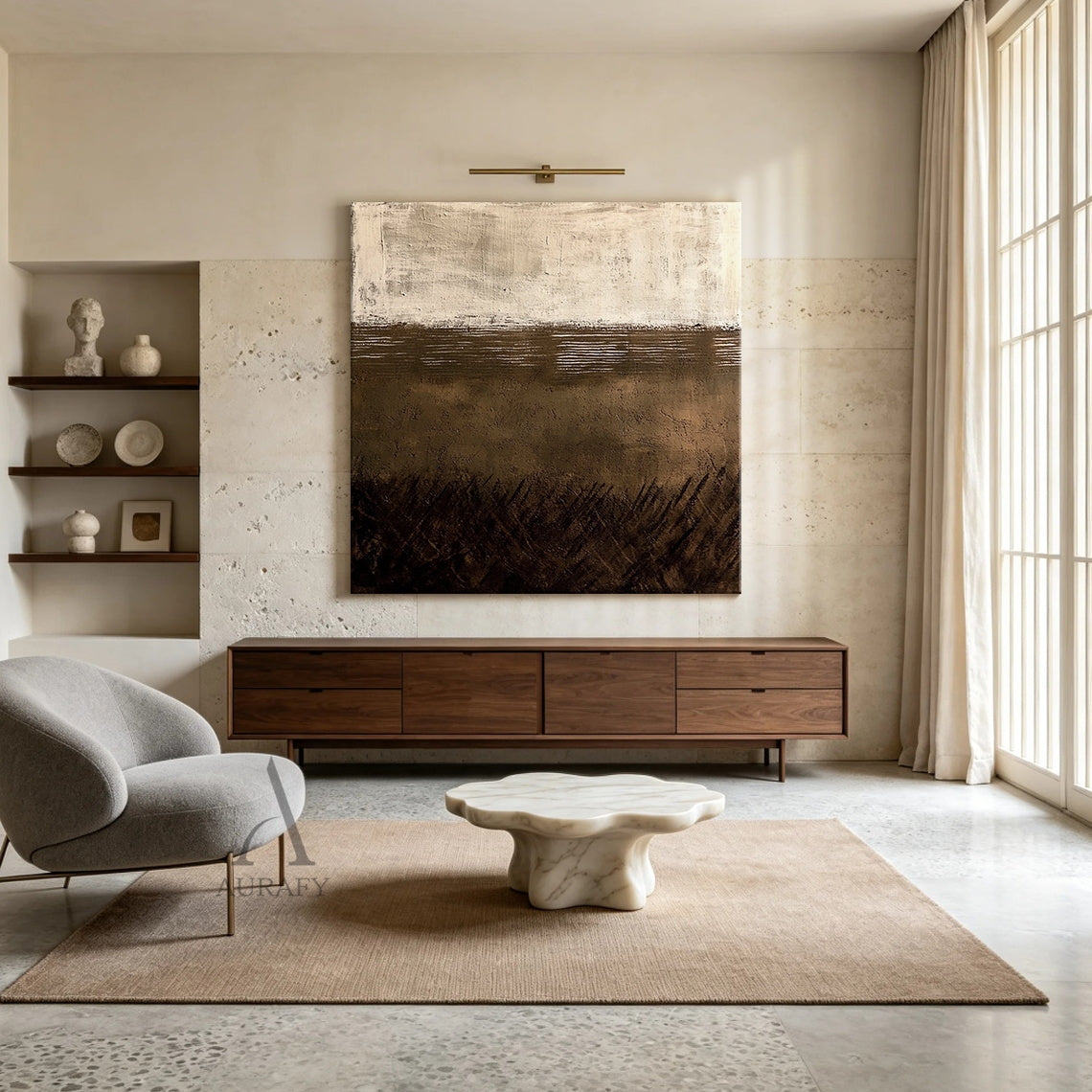 Dusk Horizon, Brown Beige Wabi Sabi Textured Painting AURA869