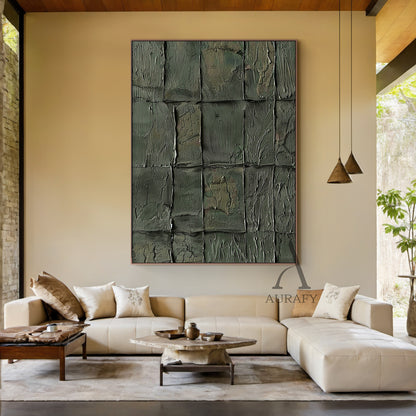 Green Abstract Art Tactile Natural Texture Grid Pattern Thick Paint Wall Decor AURA470