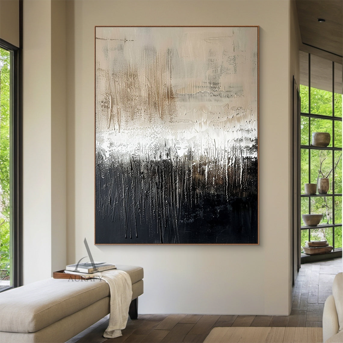 Wabi Sabi Japandi Knife Textured Abstract Beige Black Minimalist Luxe Plaster Canvas Wall Art AURA800