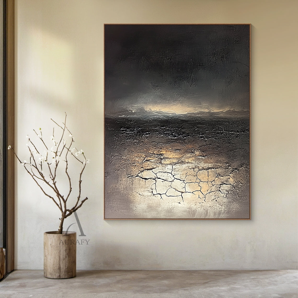 Black Abstract Painting with Beige Crackle and Warm Highlights - AURA824