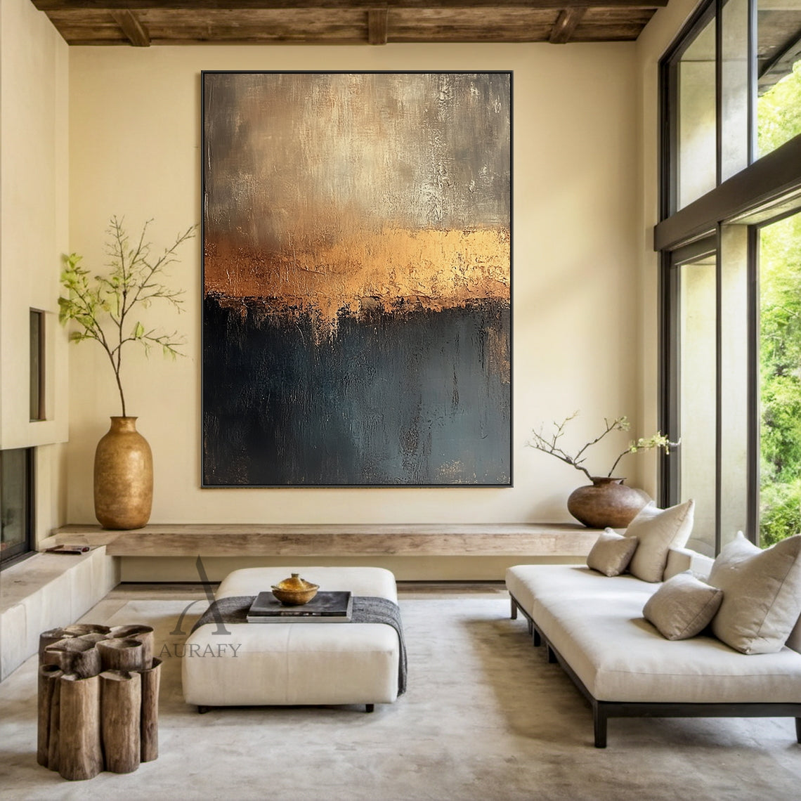 Brown and Deep Blue Abstract Painting with an Amber Color Break - AURA853