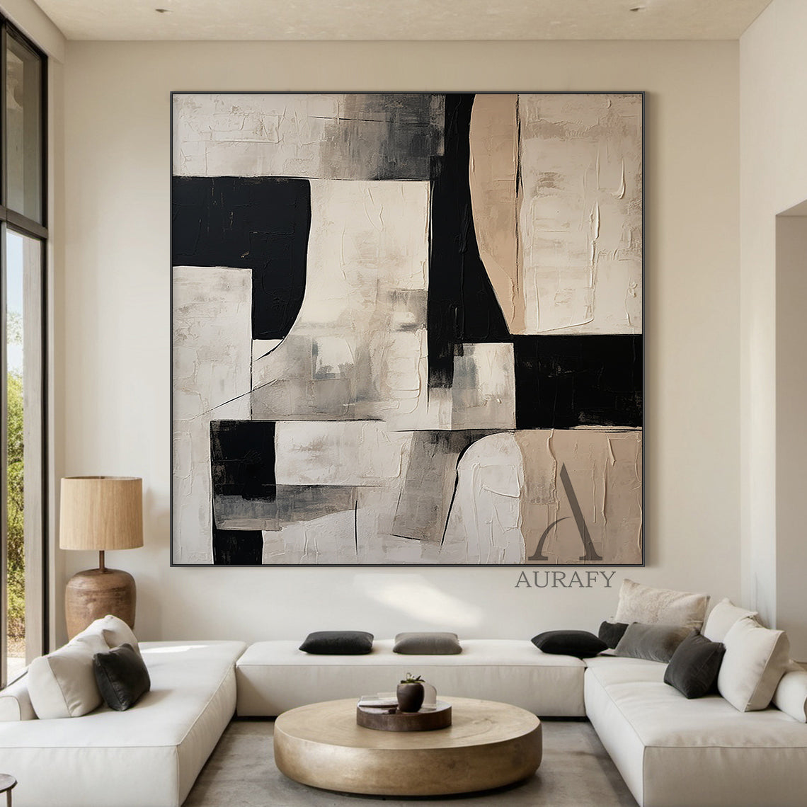 General Abstract Black Beige White Impasto Textured Tactile Surface Minimalist Luxe Artwork AURA484