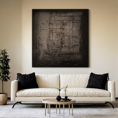 Textural Grid Painting – Deep Charcoal Canvas – AURA019(Horizontal)