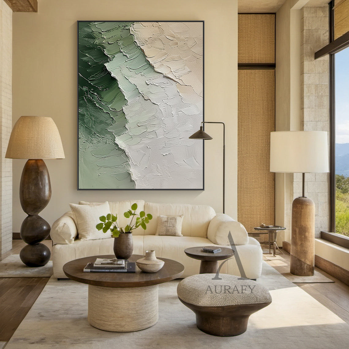 Modern 3D Textured Painting Green Beige for Living Room Decor AURA282