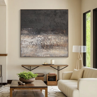 Eroded Calm — Charcoal Beige Textured Wall Art – AURA071