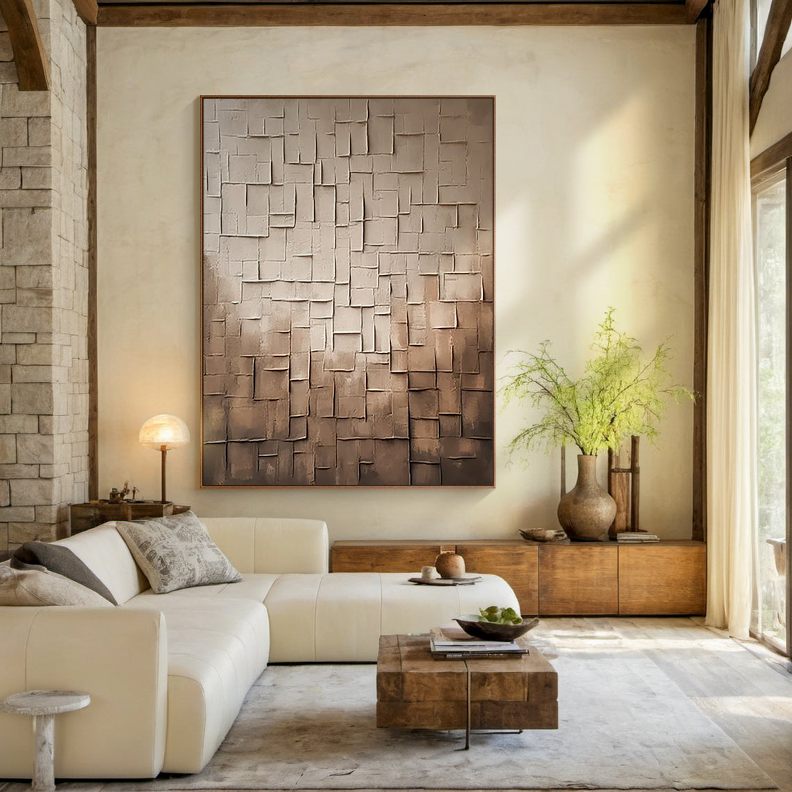 Tiled Stillness-Beige & Brown Wabi-Sabi Art-AURA075