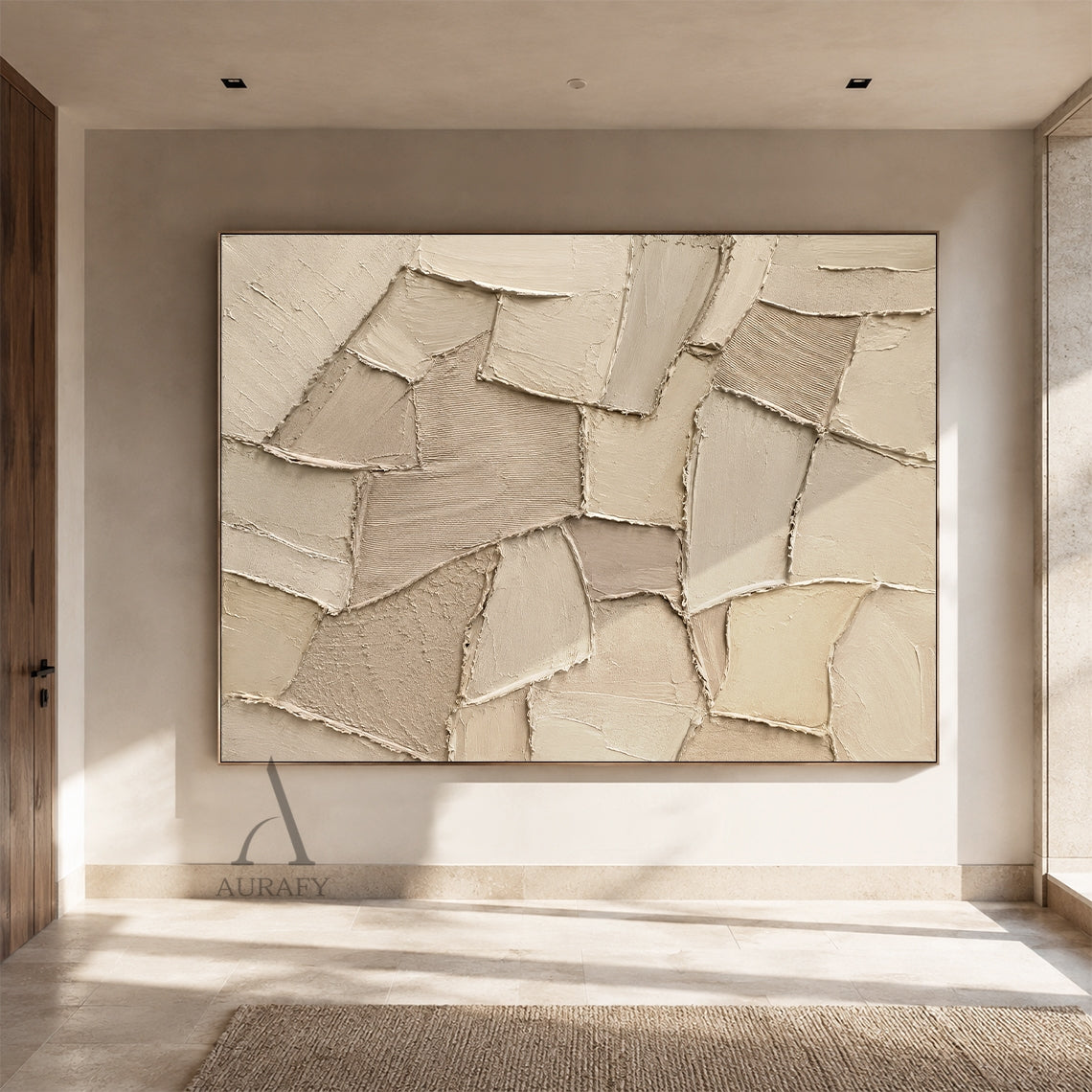 Earthen Patchwork, Beige Brown Geometric Relief Painting AURA858