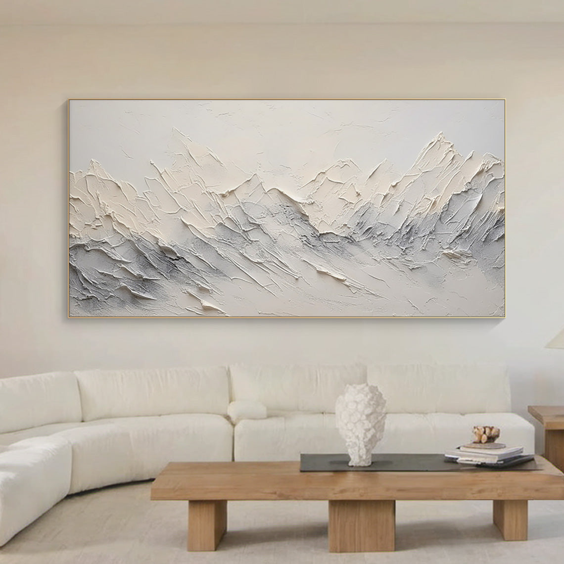 Minimalist Mountain Texture Canvas – Cream & Cool Gray Painting – AURA037(Horizontal)