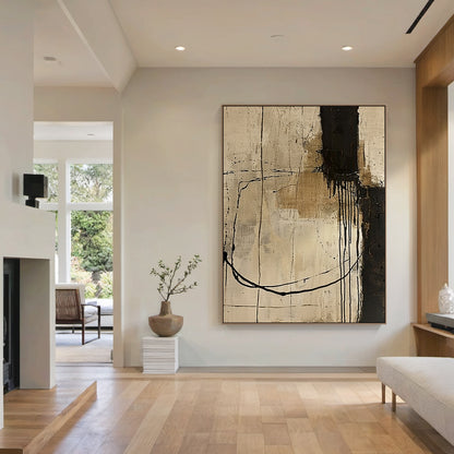 Wabi Sabi Beige Black Tactile Canvas Art with Paint Drip Details Irregular Lines Rustic Texture AURA586