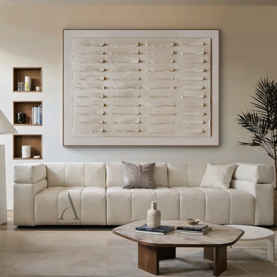 Beige Abstract Plaster Textured Art Sculpted Vertical Grid Tactile Minimalist Luxe Canvas AURA605