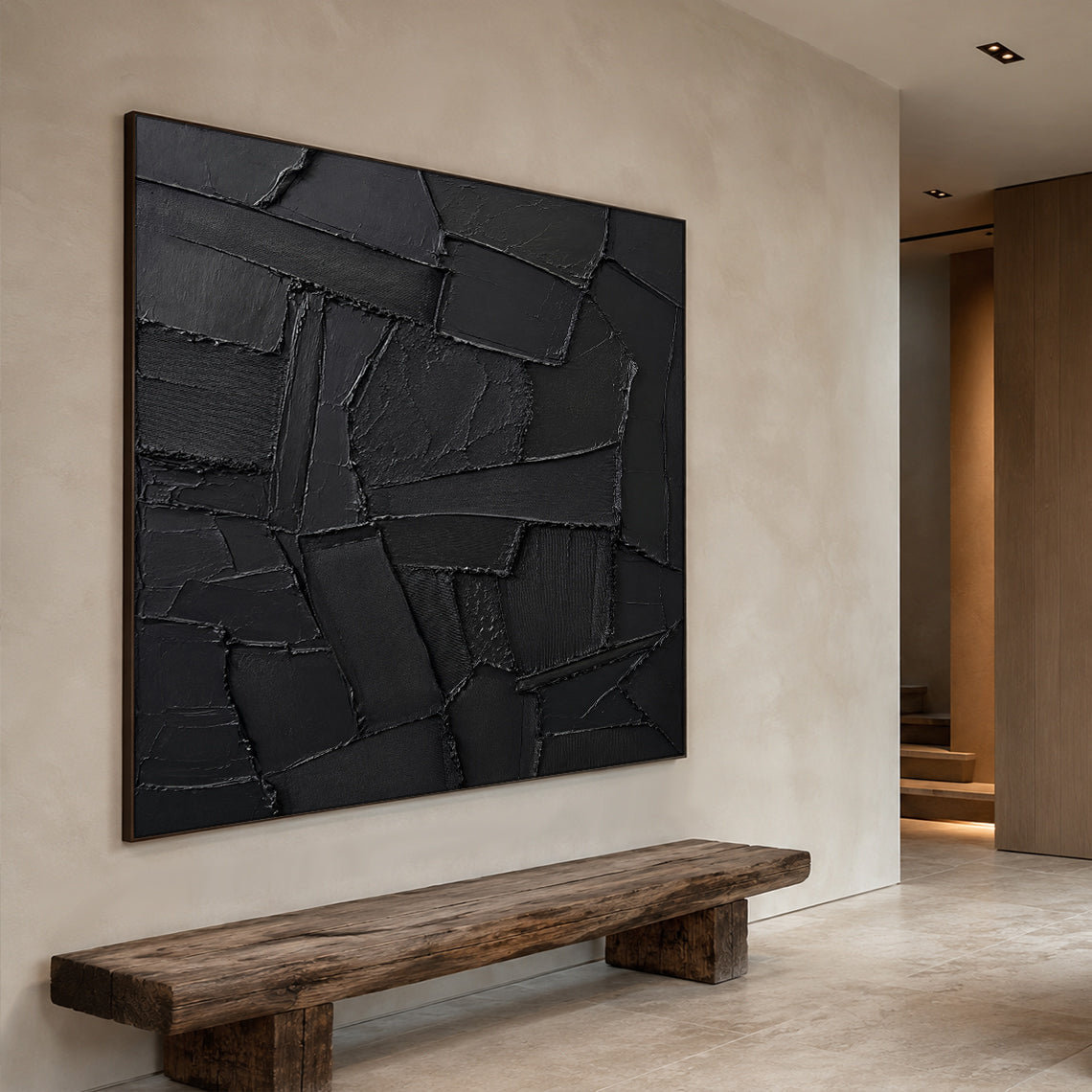 Black 3D Textured Abstract Painting High-Relief Plaster Knife Stroke Minimalist Japandi Wabi Sabi Wall Decor AURA770