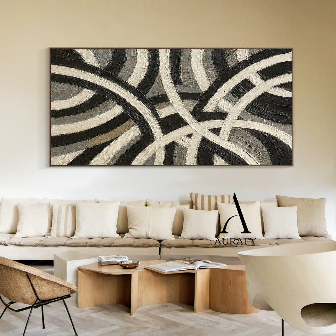 3D Textured Abstract Painting Sculpted Canvas High-Relief Tactile Black Beige Gray Modern Art AURA516