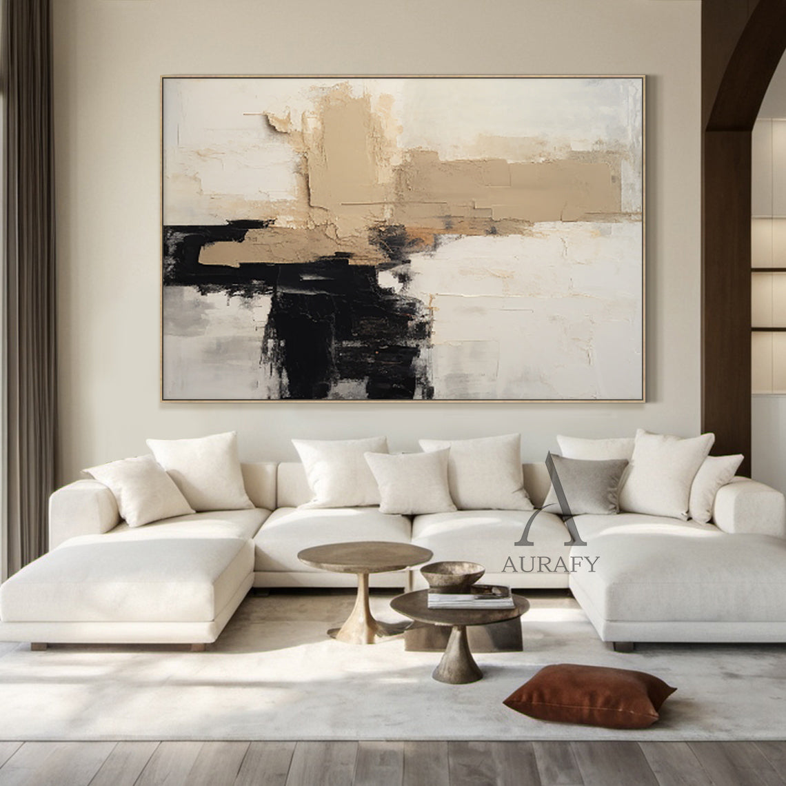Abstract Beige White Black Plaster Textured Tactile Surface Modern Minimalist Knife Strokes Artwork AURA475