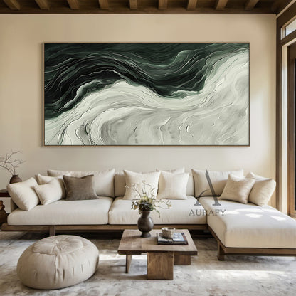 Green Abstract Art Thick Impasto Knife Strokes Flowing Wave Layers Modern Organic AURA502