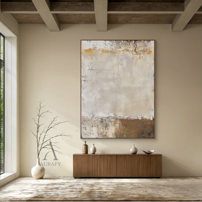 Pale Beige Abstract Painting with Weathered Ochre Traces - AURA844