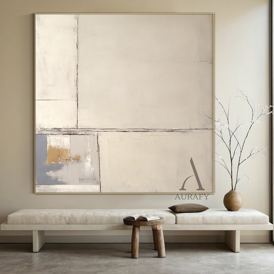 Beige Abstract Art Plaster Textured Japandi Minimalist Handmade Geometric Lines Tactile Canvas AURA490