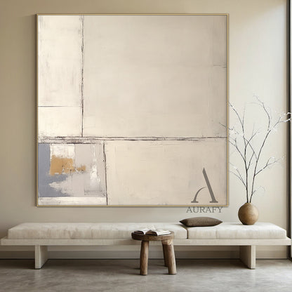 Beige Abstract Art Plaster Textured Japandi Minimalist Handmade Geometric Lines Tactile Canvas AURA490