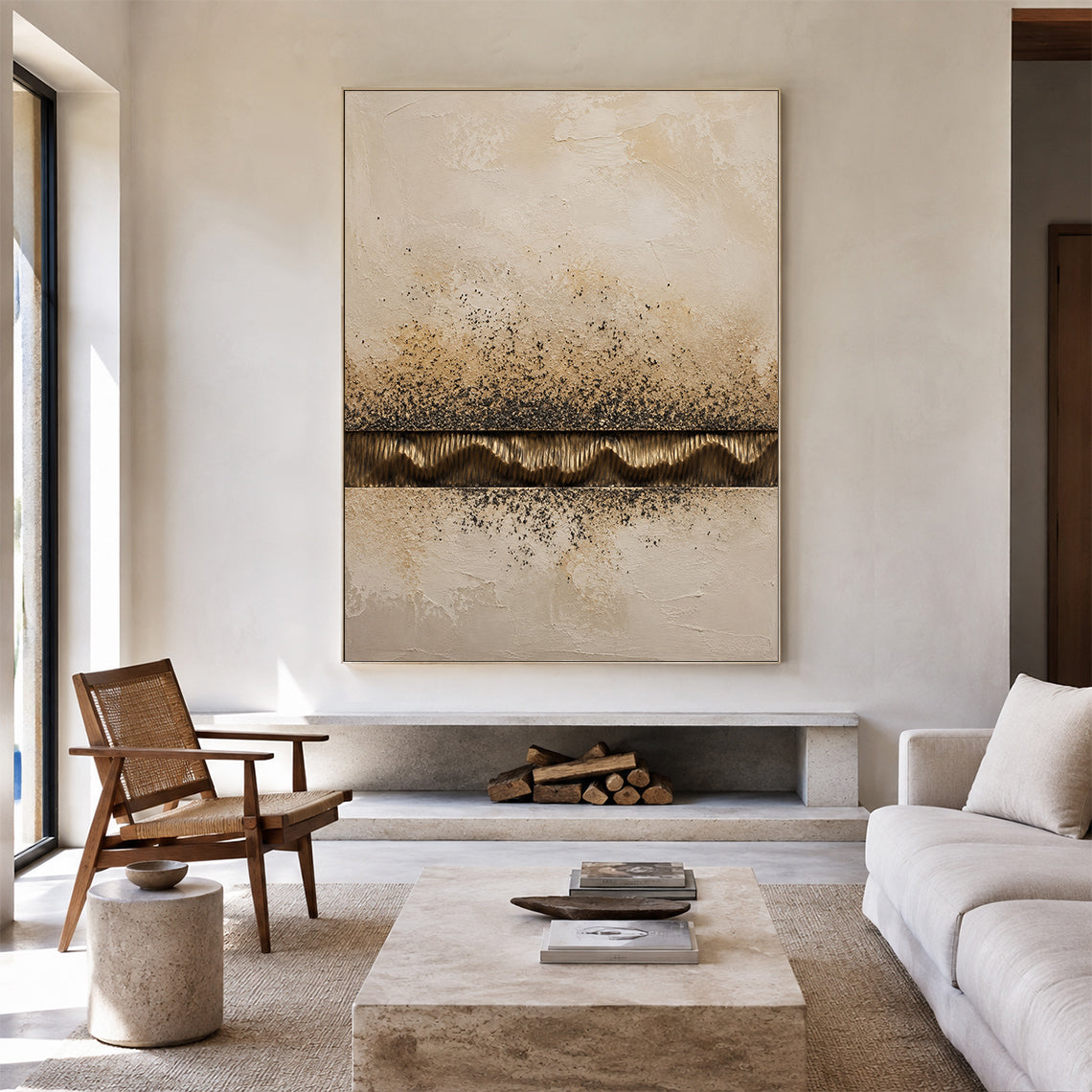 Wabi-Sabi Plaster Textured Painting Japandi Neutral Beige Brown Abstract Sculpted Canvas Gold Accent Tactile Wall Art AURA765