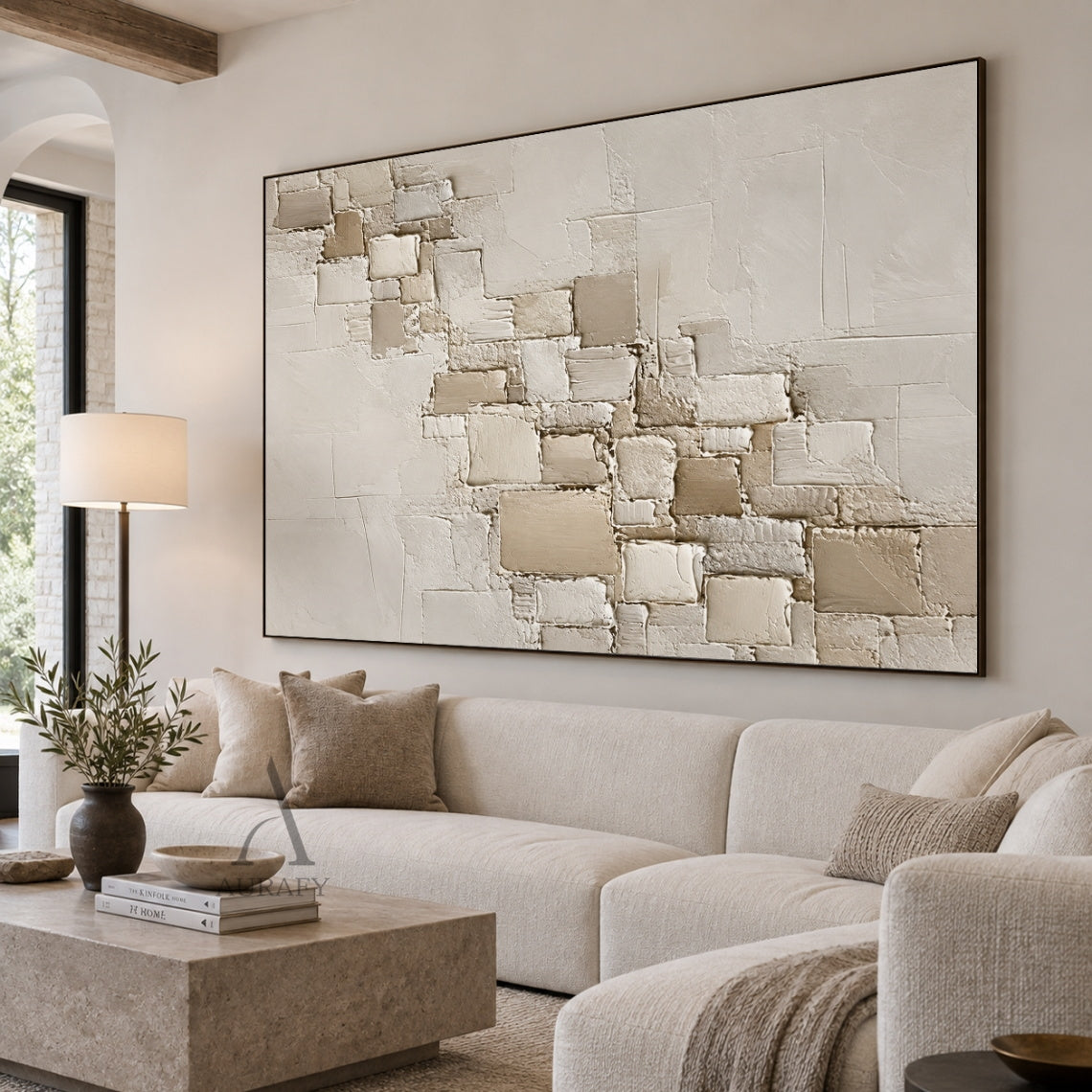 Floating Squares, Beige High-Relief Plaster Painting AURA864