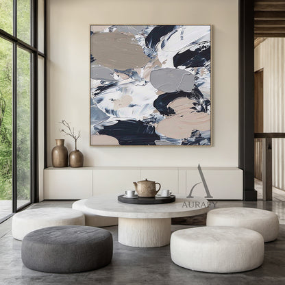 General Abstract Wall Art with Tactile Impasto Texture White Black Beige Modern Organic Design AURA478