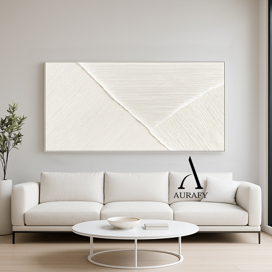 Minimalist Wall Art Beige White Tactile Vertical Texture Geometric Split Fabric Wall Decor AURA547