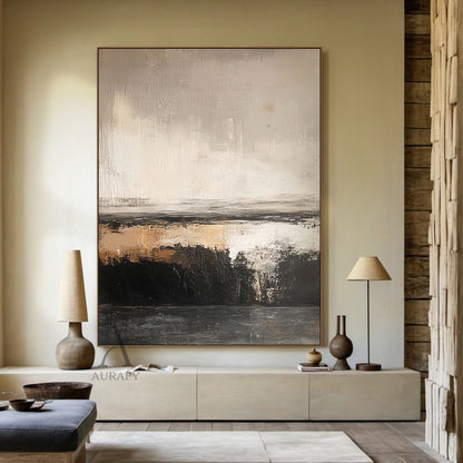 Beige and Black Abstract Painting with a Broken Ochre Accent - AURA852