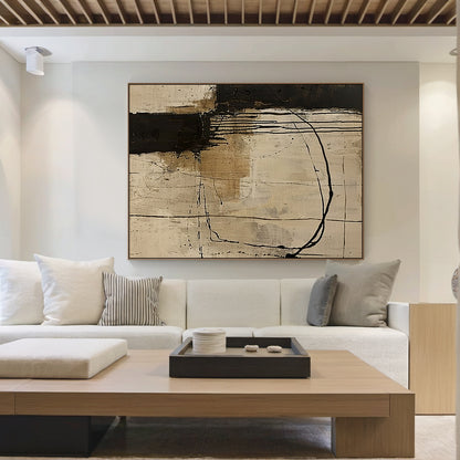 Wabi Sabi Beige Black Tactile Canvas Art with Paint Drip Details Irregular Lines Rustic Texture AURA586