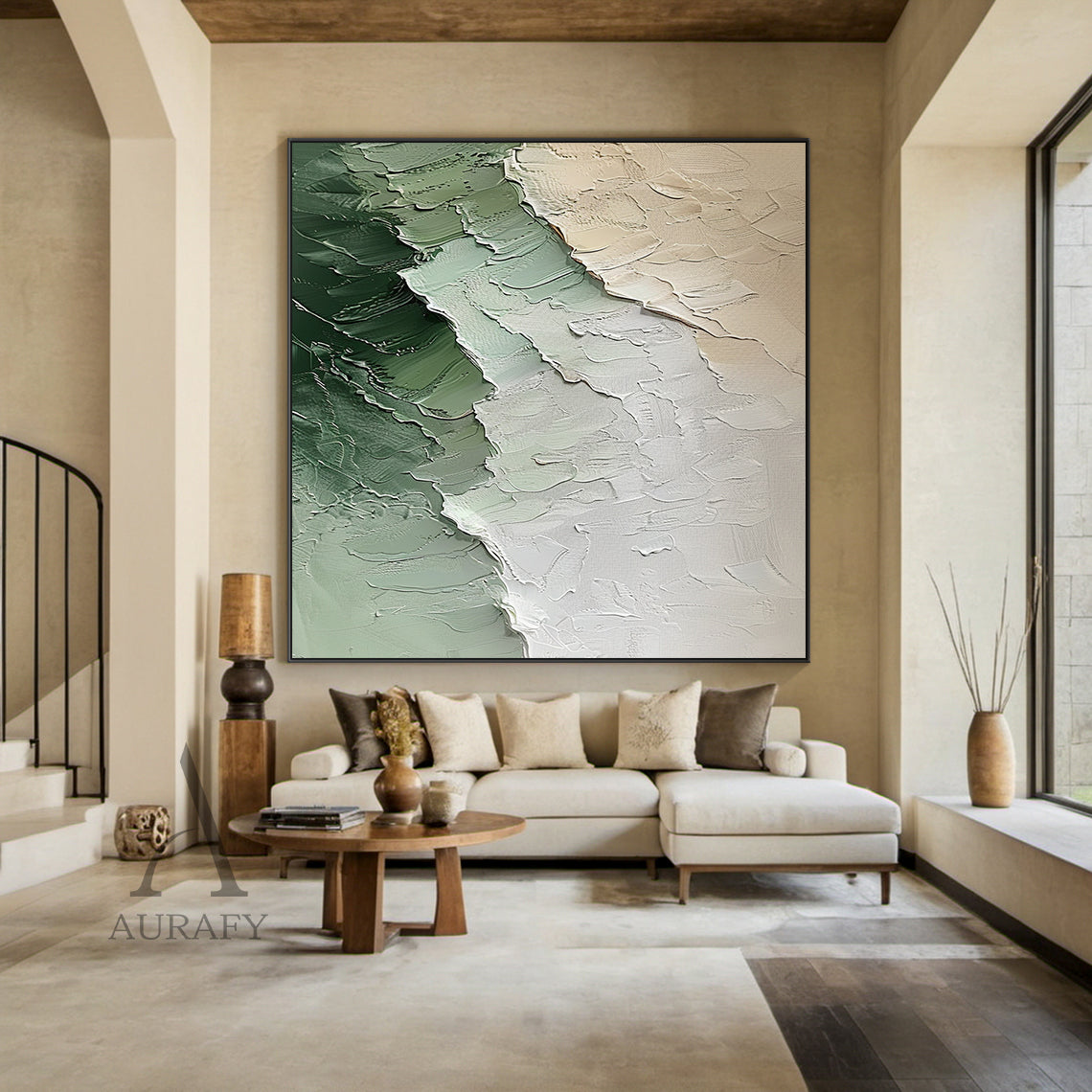 Modern 3D Textured Painting Green Beige for Living Room Decor AURA282