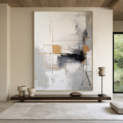 Modern Abstract Gray White Tactile Brushstroke Gold Accent Minimalist Luxe Wall Art AURA493