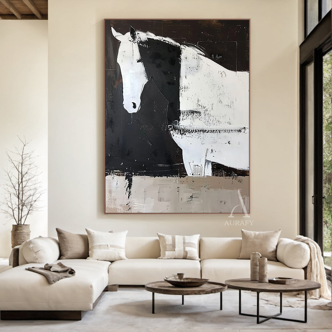 Large Scale Abstract Black and White Horse Textured Animal Wall Art-AURA341